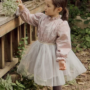 2023 Есен Зима, завързана яка за момичета в Корейски стил, Марлевое Мозайка Памучно рокля на принцеса, уважаеми Ежедневното Хубава рокля, Детско рокля