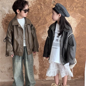 2023 Есен Нова Детска Кожено яке в Корейски стил За момчета и Момичета в насипно състояние Стил, Модерно палто