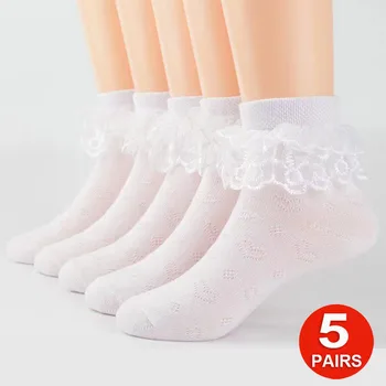 5 Чифта Чорапи принцеса с кружевными набори за малки момичета, Много Детски Бели училищни танцови чорапи Пролет
