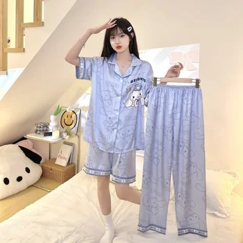 Hello Kitty сладка пижама Cinnamoroll Kuromi My melody Pochacco от ледената коприна, за жени, лятна новост, kawaii, студентски, плюс размери, домашно облекло