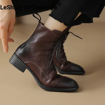 LeShion Of Chanmeb/ Дамски Обувки От Естествена Кожа Ръчно изработени, Зимни Армейските Ботуши на Нисък Ток С Появата на шнур, Дамски обувки Есен 40