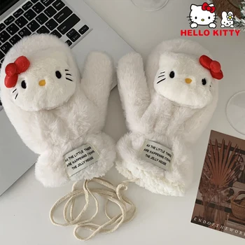 Sanrio Hello Kitty, Сладки 3D Меки Плюшени ръкавици, Дамски топли Зимни Дебели ръкавици Без пръсти, Преносими Външни Топло щитове за ръце