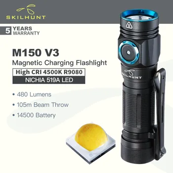 SKILHUNT M150 V3 (версия с висок CRI, 4500K, R9080) Компактен ЕРП-фенерче, NICHIA 519A LED 480 лумена, с батерия 14500