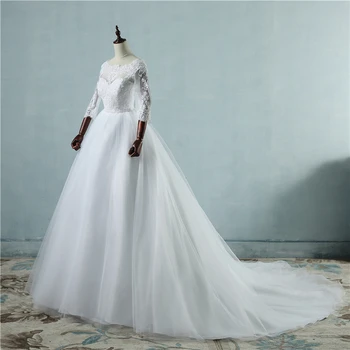 ZJ9091 Бална рокля, булчински рокли с дълъг ръкав три четвърти от илюзията на гърба, beading, панделка на талията, сватбена рокля с копчета отзад