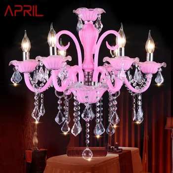 Април Розов кристал окачен лампа, арт-лампа за момичета, Детска стая, хол, Ресторант, полилей за спални