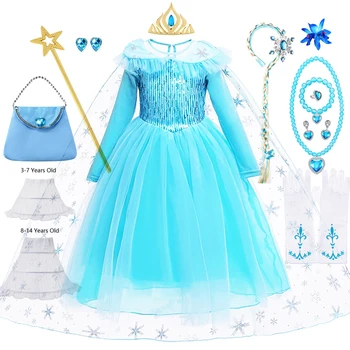 Бебешка рокля на Елза за момичета, детски дрехи с дълги ръкави, кралят костюм на принцеса, наметало с пайети, подаръци за момичета