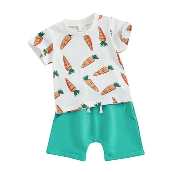 Великден дрешки за малки момчета и момичета, тениска с къс ръкав и писмото принтом заек, ластични панталони, комплект летни дрехи за деца