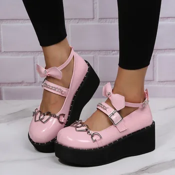 Дамски обувки на танкетке; Колекция 2023 г.; Есенни Нови Розови обувки-лодка Mary Jane; Дамски обувки за момичета в стил Лолита 