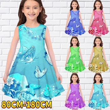 Детска рокля без ръкави за малки момиченца, дрехи за момичета с 3D принтом пеперуди, ежедневното Сладко сладко рокля над коляното, без ръкави 80-180 см