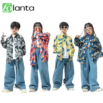 Детски дрехи за улични танци LOlanta, риза с цветен модел в ретро стил за момичета, деним комплект за студентски спектакли в стил джаз и хип-хоп за момчета, Casua