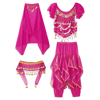 Детски костюм за танци за момичета, съкратен топ с пищни ръкави, панталони с волани, модерен шал, забрадка, танцови за изпълнения на Хелоуин