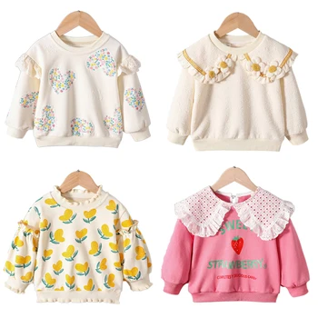 Дрехи за малките момичета, пролетта и есента случайни топ, блузи с дълги ръкави и цветен печат за малки момичета, тениски, детски пуловери, блузи с голяма яка