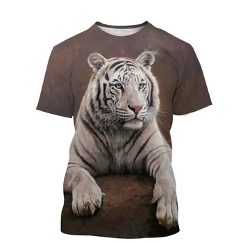 Ежедневна риза с тигър, градинска риза в стил Харадзюку оверсайз, Новата модерна тениска с домашен любимец, бял тигър, 3D печат.