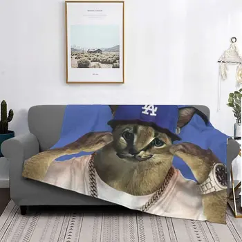 Завивки с 3D принтом Big Floppa Rapper Meme, Дышащее Меко Фланелевое одеяло Sprint Котка на дивана в спалнята за пътуване