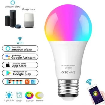Интелигентен led лампа A19 Home Wifi 10 W с дистанционно управление WiFi 900LM RGBW с регулируема яркост и регулируем цвят на Алекса / Google Home Smart Life