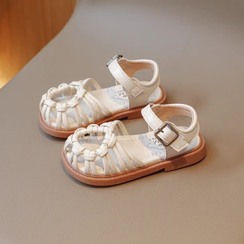 Кожени сандали За малки момичета; Лятна Плажна обувки За момиченца със защита от подхлъзване; Детска Тканая обувки със затворени пръсти подметка за бебета от 3 до 6 години