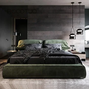 Комплект спално бельо за спалня Италиански мебели за дома, Кожена кърпа, Модерен дизайнерски рамка на легло размер 