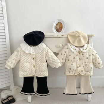 Корея, бебешки дрехи, палта с цветен модел за момичета, новост зимата 2023, памучен сако с V-образно деколте за бебета, жилетка с цветен модел за момичета, палто