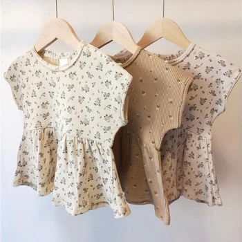 Летни блузи с къс ръкав и цветна принтом за малки момичета, сладки памучни ризи за деца 1-5 години