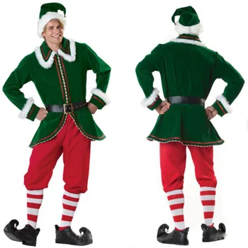 Луксозен Коледен мъжки коледен костюм от Зелен Елф за парти на сцената Cosplay Костюм коледен костюм