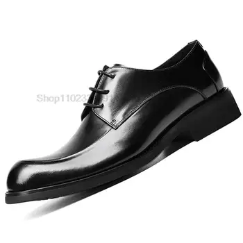 Луксозни Мъжки Оксфордские дерби от естествена кожа, Елегантни офис обувки с кръгло бомбе, висококачествени Мъжки бизнес обувки дантела в черно и кафяво