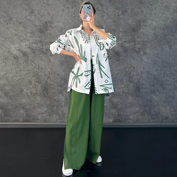 Лято 2023, Нова дамски модни и ежедневни риза с дълги ръкави и принтом, Широки панталони с висока талия и цепка, Комплект от две части, жена