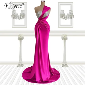 Модерно Ярко-Розова Дълга рокля за бала с кристали, вечерни рокли Meramid в гънка без ръкави, вечерни рокли 2022, вечерни рокли, Vestidos