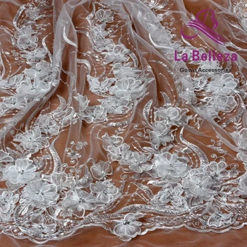 Модни лейси плат с 3D цветна бродерия ръчна изработка, бяла лейси плат с флорални кристал от органза, дантелено рокля за булчински рокли, двор 1