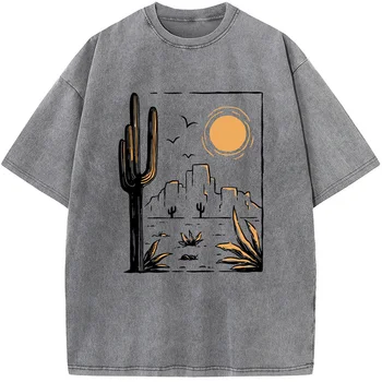 Мъжка риза с къси ръкави Desert Solid Color Cactus 2023, Выстиранная Стара Висококачествена тениска на 90-те години, реколта унисекс, выстиранная старата тениска