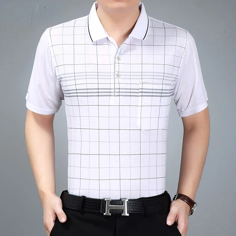 Мъжки дрехи на средна и в напреднала възраст, Лятна риза с къси ръкави в клетка с къси ръкави и джоб, Бизнес и ежедневни свободна риза с къси ръкави за пътуване до работа