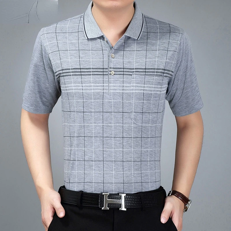 Мъжки дрехи на средна и в напреднала възраст, Лятна риза с къси ръкави в клетка с къси ръкави и джоб, Бизнес и ежедневни свободна риза с къси ръкави за пътуване до работа