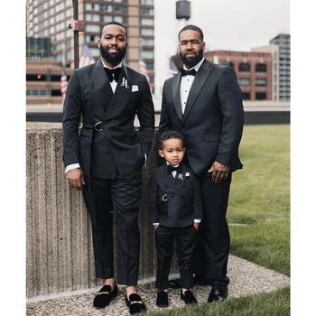 Мъжки костюм за сватба, черно жаккардовый яке с колан, с костюм на баща-син костюм родител-дете, изработена по поръчка, мъжки дрехи, официални комплекти