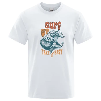 Мъжки памучен тениска с кръгло деколте и индивидуален принтом Surf Up Take It Easy, Лятна широки дрехи големи размери, висок Клас марка, с къси ръкави
