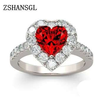 Нов пръстен червен цвят, с цирконием, Сребърен Пръстен, Любовно Сърце, Романтичен Пръстен на пръста си, за жени, за Сватба бижута Bague