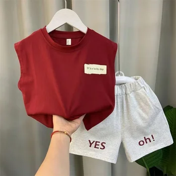 Нова детска лятна жилетка за момчета и бебета, летни дрехи без ръкави, модерен комплект от две части за момичета и деца Pi Shuai