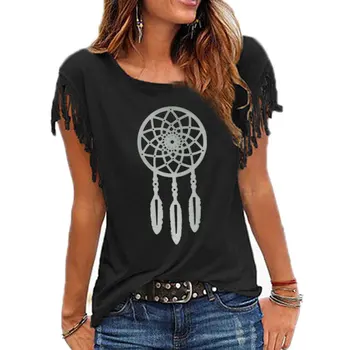 Новата модерна дамска тениска с изображение на Ловеца на сънища, дамски Памучен Ежедневни тениска с пискюли, Дамски Тениски С къс ръкав И кръгло деколте, дамска тениска