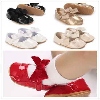 Обувки за новородено, обувки за малки момичета, Класическа гумена подметка с лък, устойчива на плъзгане обувки от изкуствена кожа, обувки за първите ходунков, обувки за креватчета за деца
