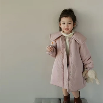 Палта за момичета, зимни памучен ветровка 2023, черно топло палто с дебела кожа, удобни детски дрехи