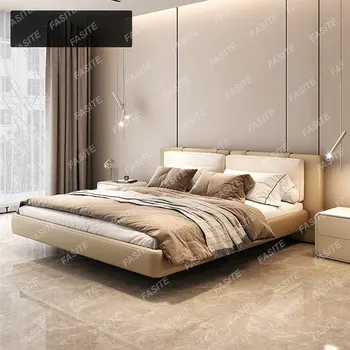 Подвесная легло лека и луксозна модерна спалня с двойно легло в основната спалня, италианска минималистичная легло, нощно шкафче в скандинавски стил, мека чанта