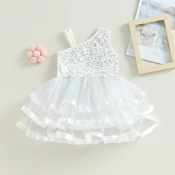 Празнична рокля на принцеса за момиченца, лятна Бяла рокля за деца без ръкави в стил мозайка, диференцирани рокля от тюл с пайети, 1-5 години