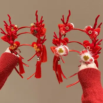 Превръзка на главата с рог на дракона 2024 честита Нова година, червена превръзка на главата с пискюли, червена превръзка на главата и с лък в китайски стил, червена превръзка на главата