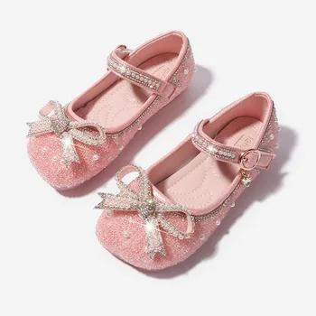 Пролетно-есенни обувки на принцесата за момичета, модни детски кожени обувки с пайети, Мека подметка, Универсални детски фини обувки с лък