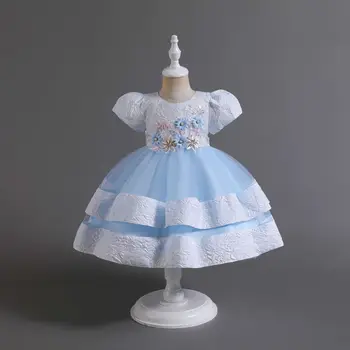 Рокля за момиче с цветя аппликацией от 2 до 6 години, бебешки празнична рокля за бала от пластове тюл за рожден ден за момичета, детски принцеса рокля за бала