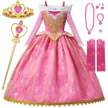Рокля принцеса Спящата красавица Aurora за момичета, кралят костюм за Хелоуин с открити рамене, детска добре облечени парти, детски дрехи 4-10 години