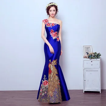 Синя Опашка на Русалка Азиатски стил Мода С Къс Ръкав Бродерия на Булката Сватбена Ципао Дълъг Чонсам Китайското Традиционното Ретро Рокля