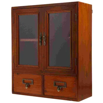 Стенен шкаф за баня Дървени кухненски шкаф за съхранение на Стенни витрина двойни Стъклени врати и Две малки чекмеджета за Пране