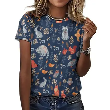 Тениска с лисици ръка, мечка, енотом, Приказна гора, естетически тениски големи размери, основни тениски с къс ръкав, Дамски Летни блузи с графичен дизайн