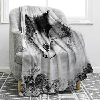 Фланелевое одеяло с изображение на вълк, мек Топъл лек диван, фотьойл, Модни пътуване, къмпинг за деца и възрастни, подаръци