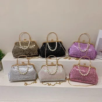 Чанта с пайети и перли, нишевый дизайн, женствена чанта през рамо, модерен универсална чанта-миди с клип на веригата, портмонета, дизайнерска луксозна чанта